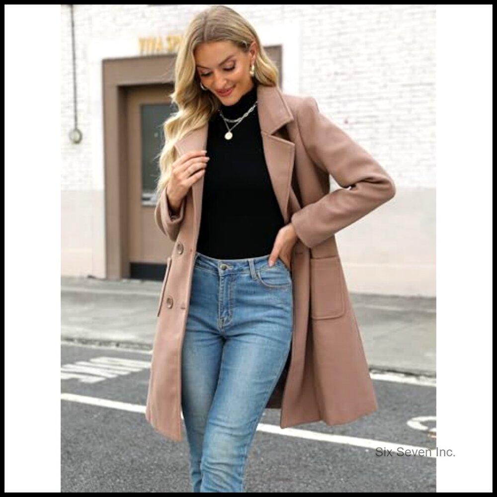 Winter Wool Blend Pea Coat Double-Breasted Notch Lapel Long Sleeve - Picture 2 of 7